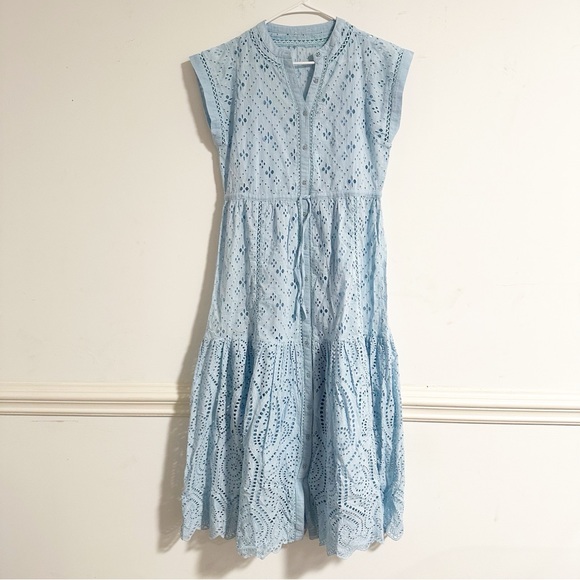 Sundance Astoria Eyelet Blue Buttoned Ruffled Cap Sleeve Tiered Midi Sun Dress - Picture 12 of 13